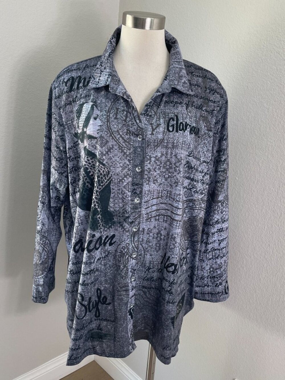 Ali Miles Womens Plus 2X Graphic Print Button Up Tunic Top Lagenlook Shirt‎